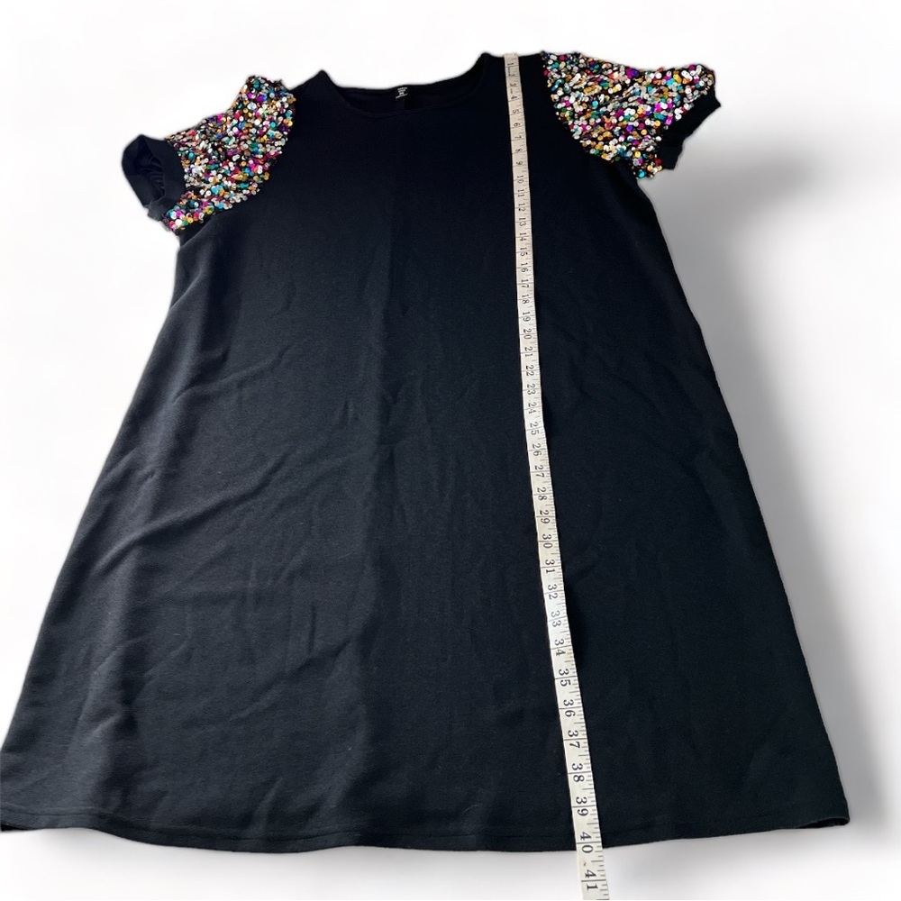 Black Short Sleeve Dress with Multicolor Sequin Puff Sleeves - Picture 9 of 12